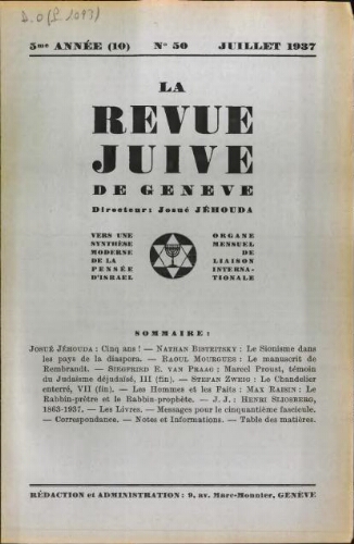 La Revue Juive de Genève. Vol. 5 n° 10 fasc. 50 (juillet 1937)